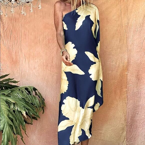 One Shoulder Asymmetrical Kaftan Long Cover Up Dress - Picture 1 of 10